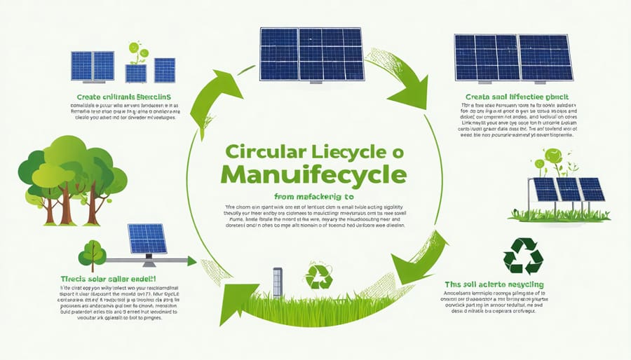 Circular diagram illustrating the lifecycle stages of solar panels including production, use, repair, and recycling