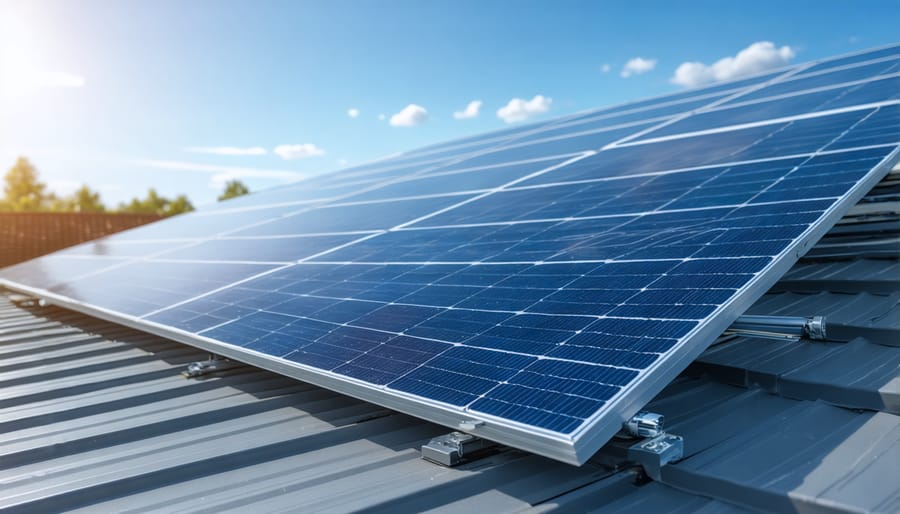 Solar panels on residential roof with smart device showing energy savings