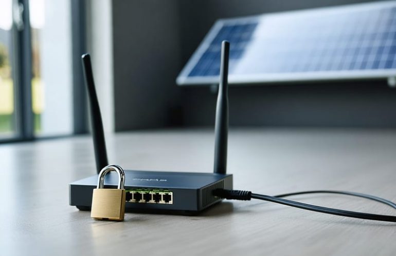 Close-up of a home Wi‑Fi router with an Ethernet cable locked by a small padlock next to a residential solar inverter, with rooftop solar panels blurred in the background under soft daylight.