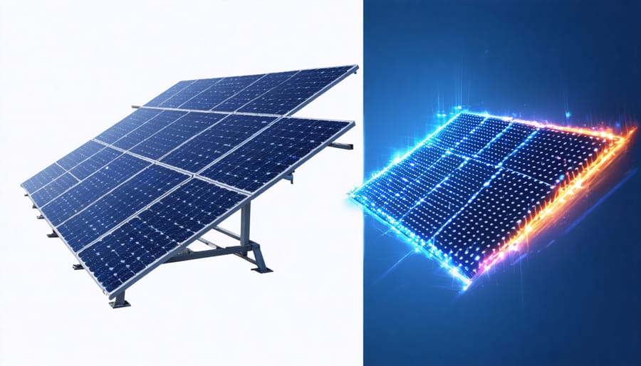 Side-by-side comparison chart showing energy capture differences between conventional and quantum dot solar panels