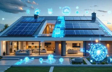 Futuristic home setup featuring bifacial solar panels, perovskite cells, and smart energy management, illustrating advanced solar technology integration.