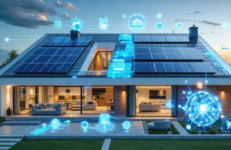 Futuristic home setup featuring bifacial solar panels, perovskite cells, and smart energy management, illustrating advanced solar technology integration.