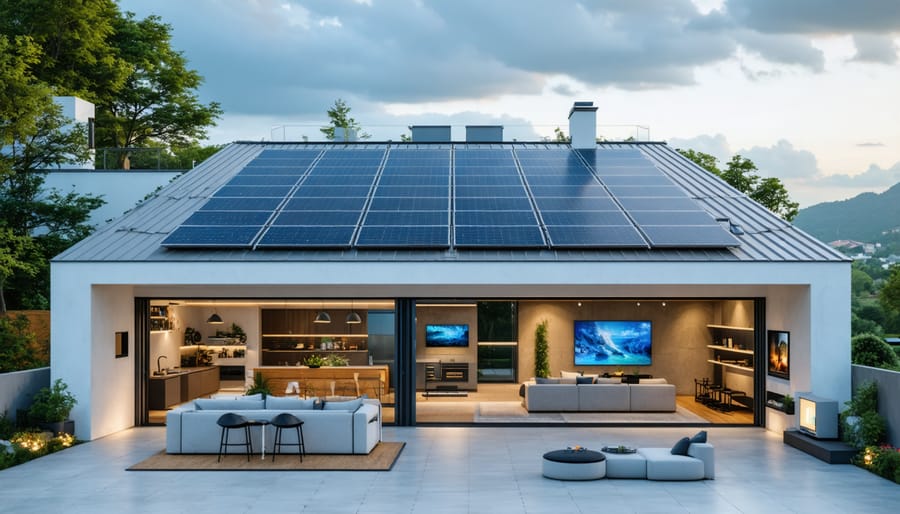 Modern house with solar panels and visible battery storage system
