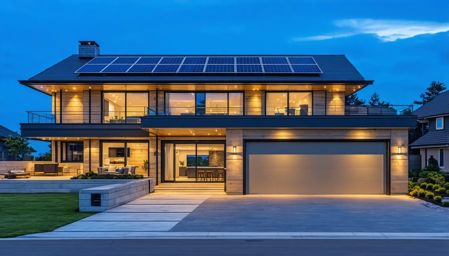 Modern house exterior with rooftop solar panels and illuminated outdoor lighting at twilight