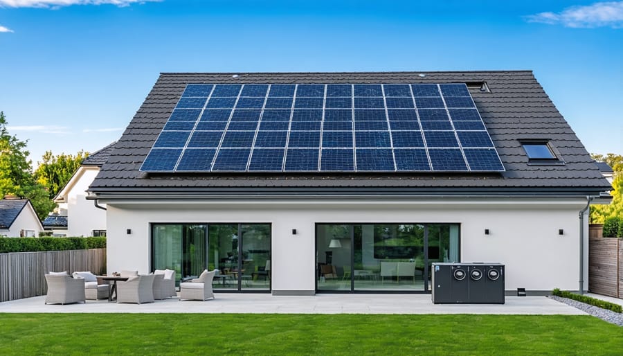 Modern house with rooftop solar panels and wall-mounted battery storage unit