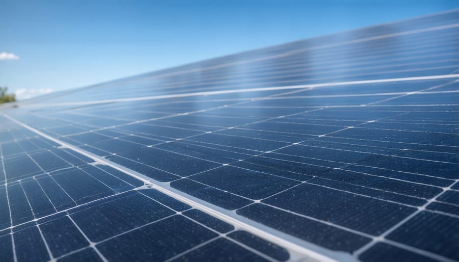 Close-up of technician inspecting solar panel mounting hardware