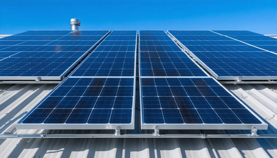 Rooftop solar installation with visible electrical connections and conduits