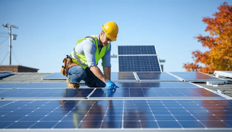 Solar panel installer working on school roof installation