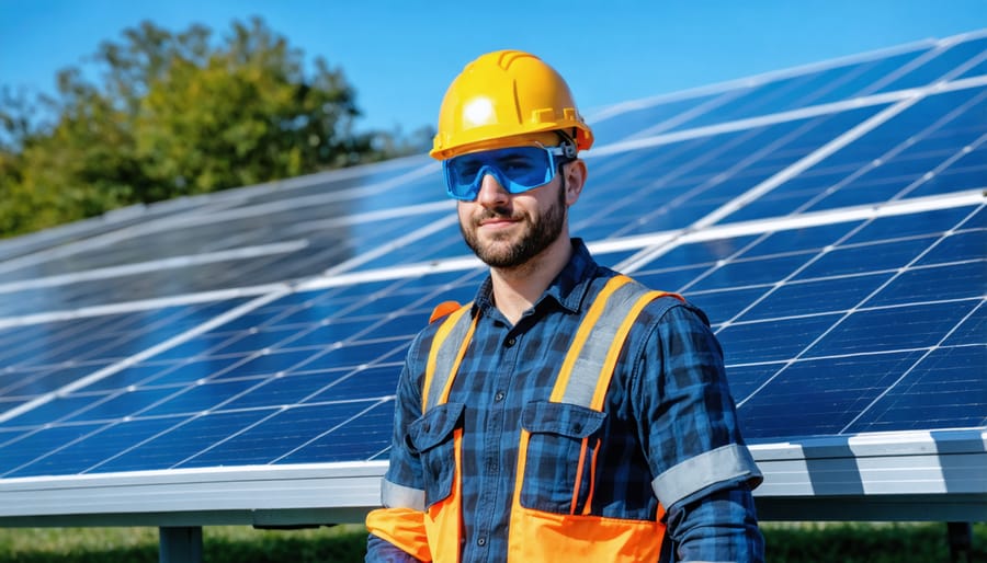 Solar installer wearing complete personal protective equipment on rooftop