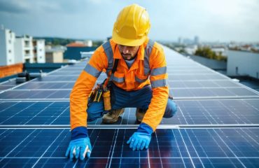 "Solar installer on a rooftop wearing complete personal protective gear, with solar panels and cityscape blurred in the background."
