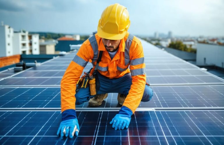 "Solar installer on a rooftop wearing complete personal protective gear, with solar panels and cityscape blurred in the background."
