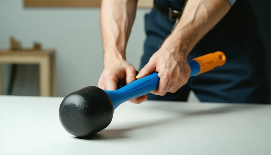 Solar installer using rubber mallet to secure mounting hardware on residential roof