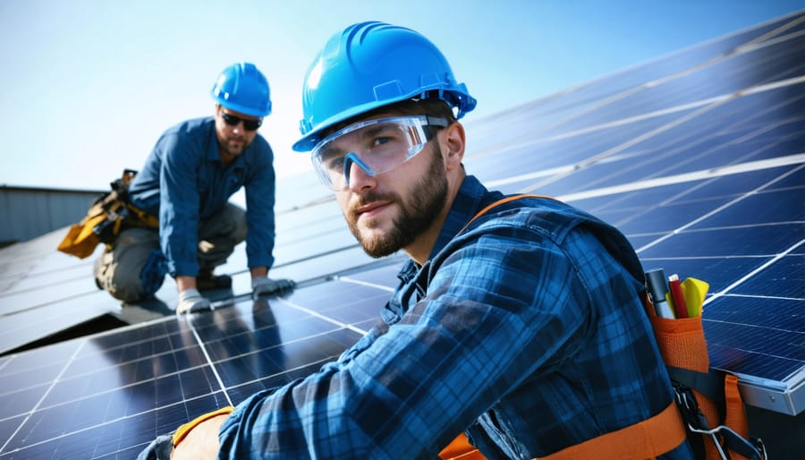 Solar installer wearing complete personal protective equipment on rooftop with solar panels