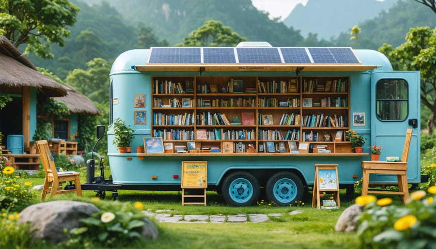 Children reading books inside solar-powered mobile library van