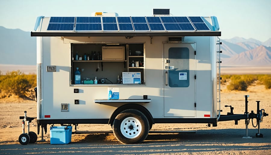 Solar-powered medical van with rooftop panels in rural village with healthcare workers and community members