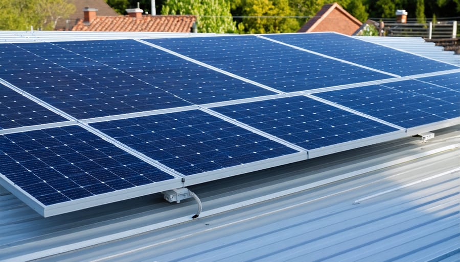 Rooftop solar panel array with small monitoring device mounted nearby