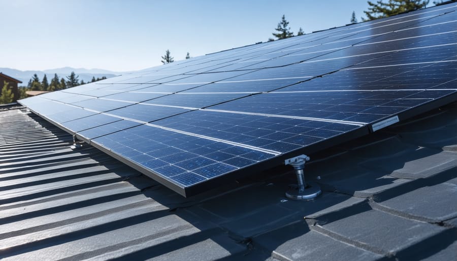 Solar panels installed on residential roof with visible airflow gap between panels and roof surface
