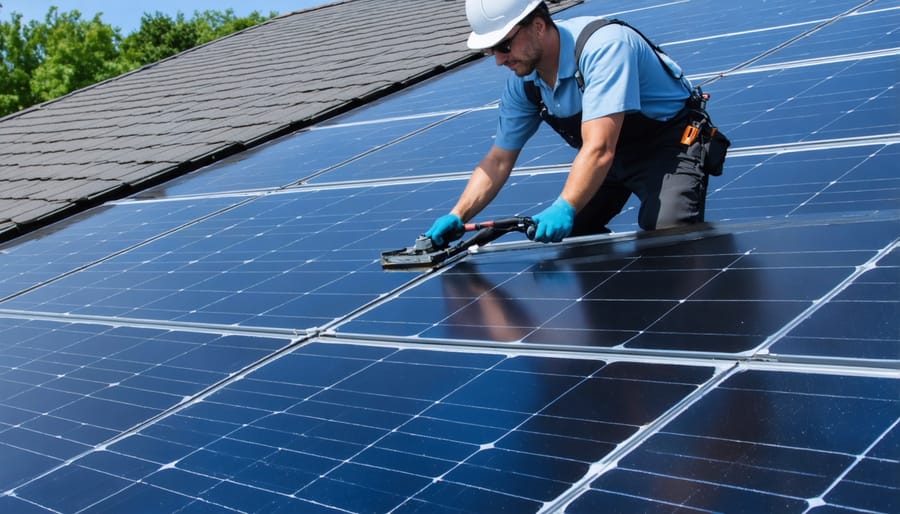 Maintenance worker cleaning rooftop solar panels with professional equipment