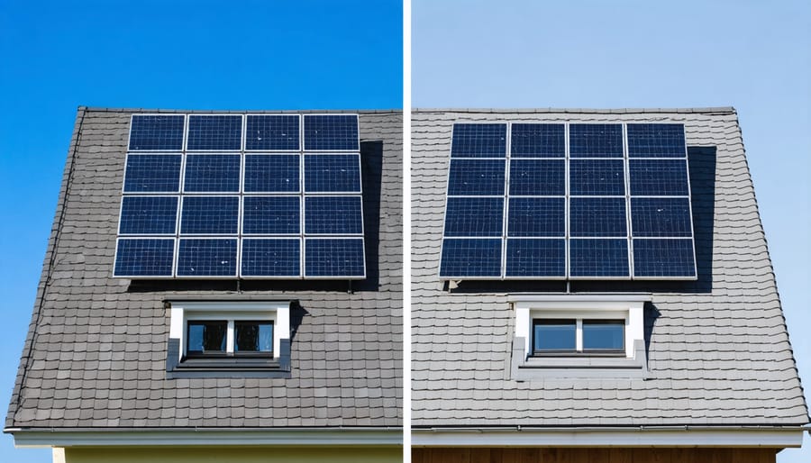 Residential roof with both traditional and thin-film solar panels installed