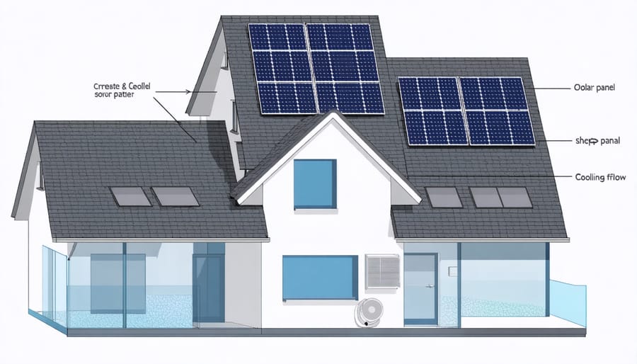 Technical illustration of solar panel installation angles and ventilation flow on a house roof