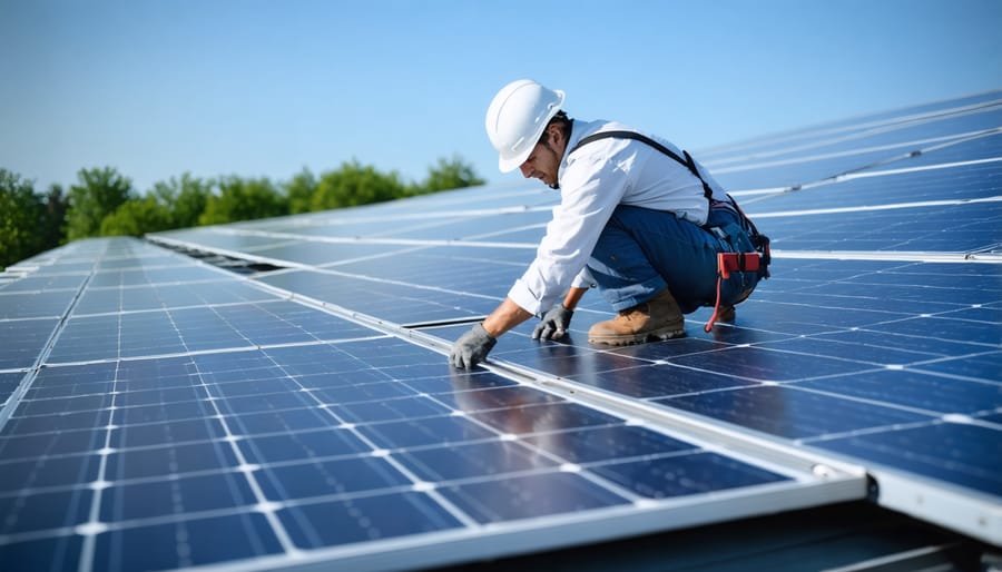 Solar technician installing panels on roof mounting rails with visible installation components