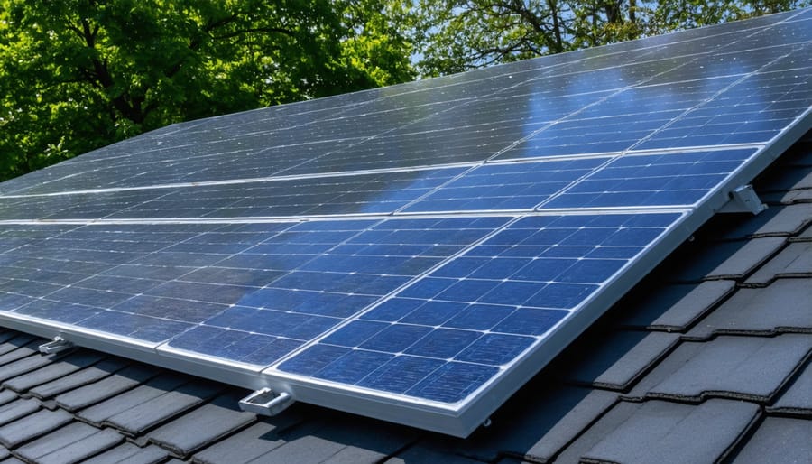 Homeowner performing routine maintenance cleaning on rooftop solar panels
