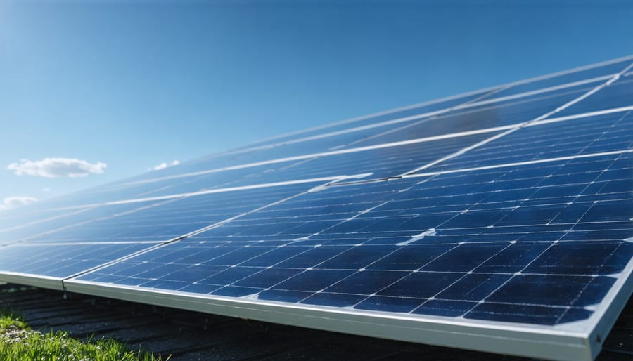 Close-up of solar panel cells on residential roof showing photovoltaic surface detail