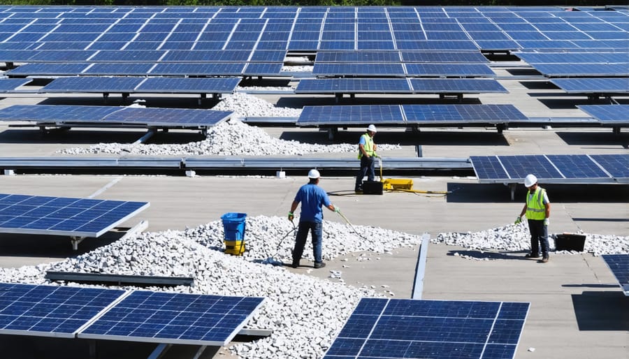 Workers at a solar panel recycling facility separating and processing materials for reuse