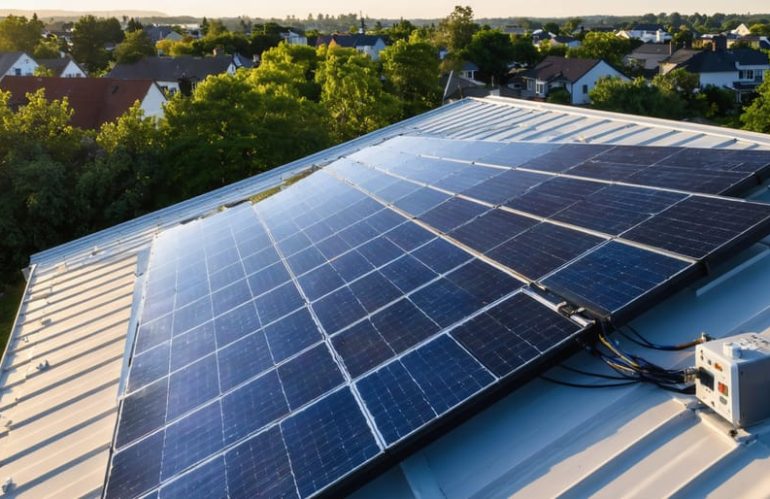 "Modern residential rooftop with solar panels and remote monitoring device under golden hour light."