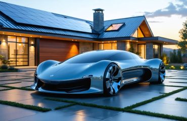 "A solar-powered car charging in a driveway with rooftop solar panels on a nearby house, representing the integration of solar technology for home and transportation energy independence."