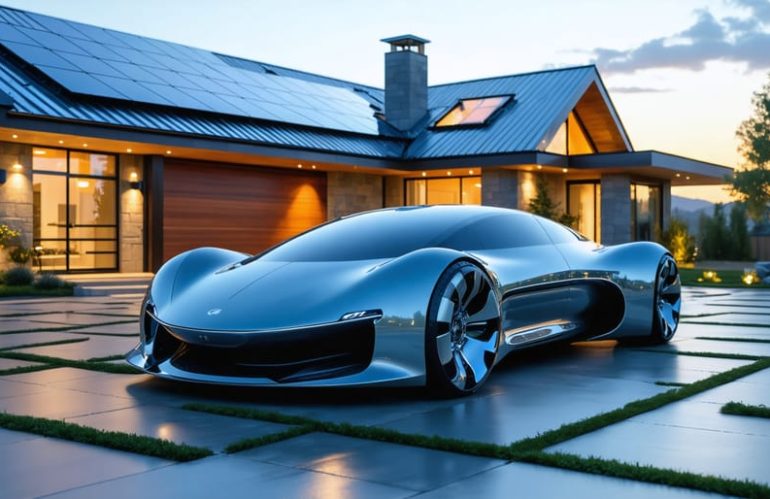 "A solar-powered car charging in a driveway with rooftop solar panels on a nearby house, representing the integration of solar technology for home and transportation energy independence."
