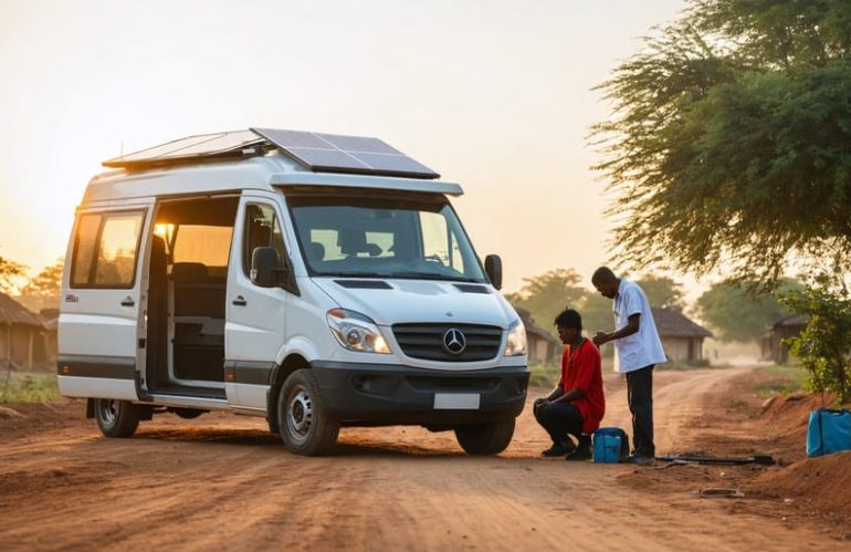 Healthcare workers assist a patient beside an unbranded solar-powered medical van with rooftop panels on a dirt road in a remote village during golden hour, with homes and hills softly blurred in the background.