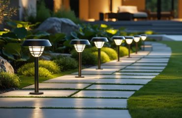 "Outdoor garden path illuminated by solar-powered lights at dusk with blurred contemporary home and garden in the background."