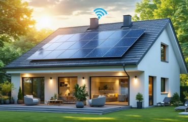 Modern home with solar panels on the roof and WiFi signal emanating, set against a backdrop of green surroundings, illustrating solar-powered internet connectivity.