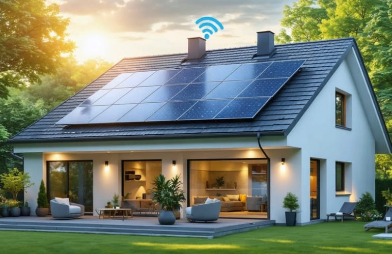 Modern home with solar panels on the roof and WiFi signal emanating, set against a backdrop of green surroundings, illustrating solar-powered internet connectivity.