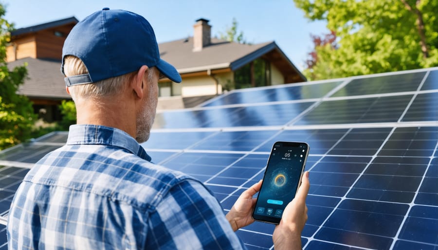 Hand holding smartphone with solar panels visible in background