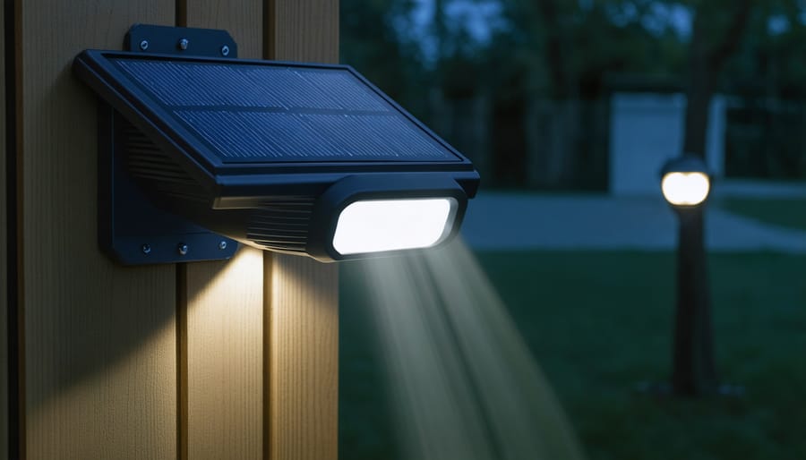 Home exterior with motion-sensing solar security lights at twilight