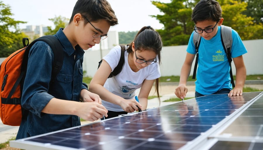 Group of students examining solar panel in outdoor educational setting