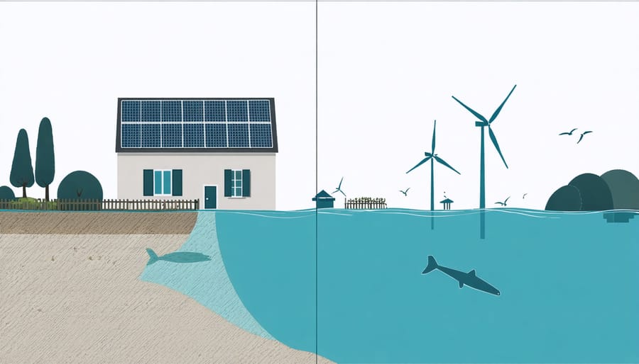 Illustration of integrated solar-tidal power system for coastal homes
