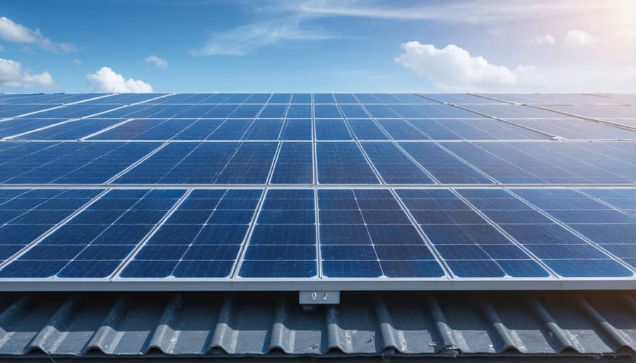 Solar panels against dramatic stormy sky at sunset