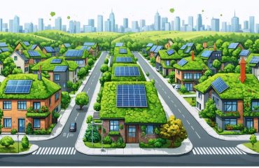 Illustration depicting a city neighborhood with green roofs, solar panels, and tree-lined streets, highlighting the cooling and financial benefits of urban heat island solutions.
