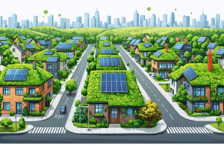 Illustration depicting a city neighborhood with green roofs, solar panels, and tree-lined streets, highlighting the cooling and financial benefits of urban heat island solutions.