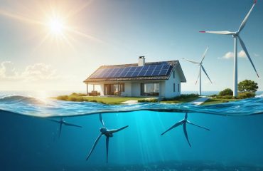 Artistic depiction of a coastal home utilizing both solar panels and underwater tidal turbines, illustrating the complementary energy generation from solar and tidal sources.