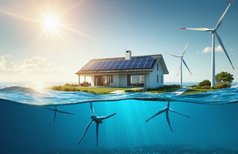 Artistic depiction of a coastal home utilizing both solar panels and underwater tidal turbines, illustrating the complementary energy generation from solar and tidal sources.