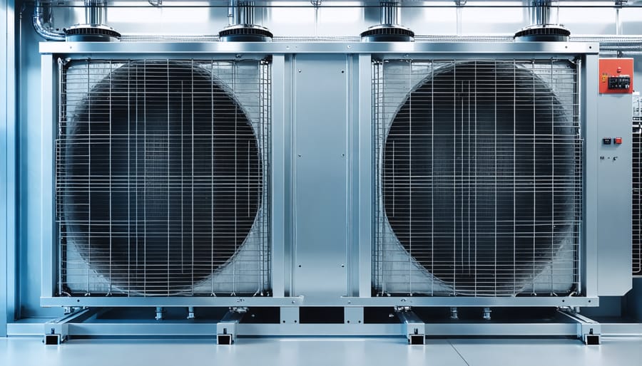 Close-up view of PV thermal panel cooling system with water droplets on copper pipes