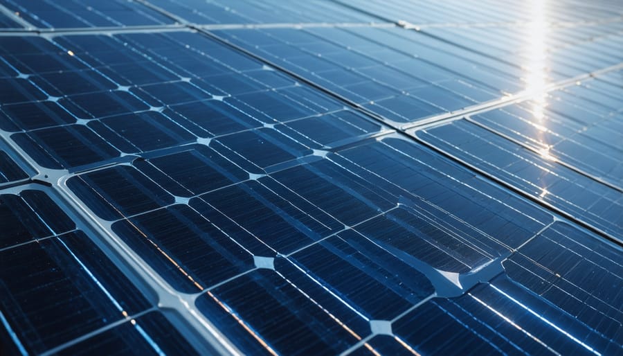 Detailed view of thin-film solar panel surface in morning light