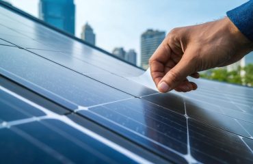"A close-up of a flexible thin-film solar panel being curved by a hand with a modern cityscape in the blurred background."