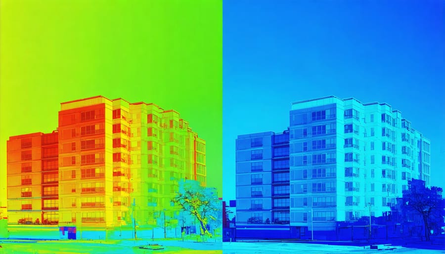 Split thermal image showing temperature difference between solar-covered and uncovered urban buildings