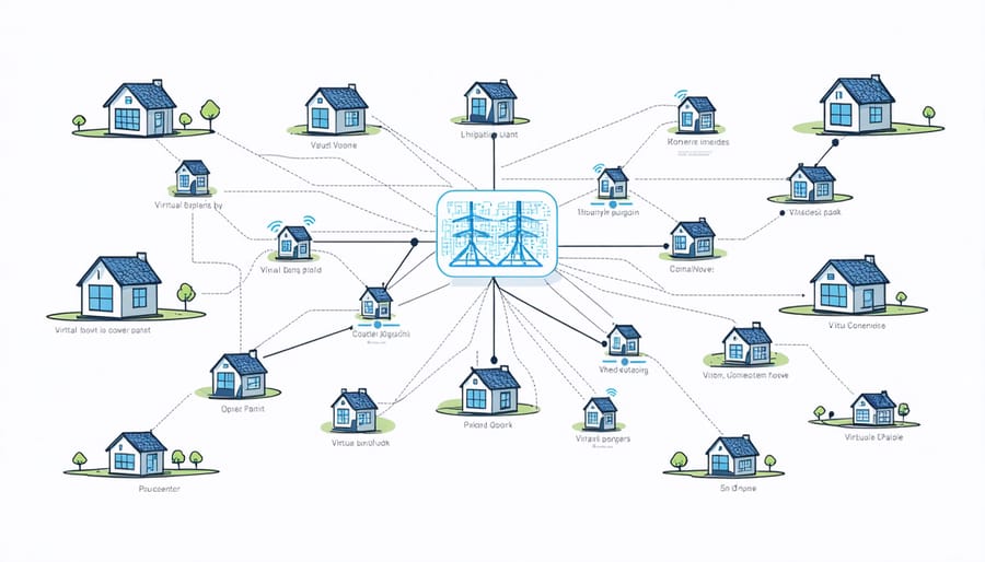 Illustration of multiple solar-powered homes connected in a virtual power plant network