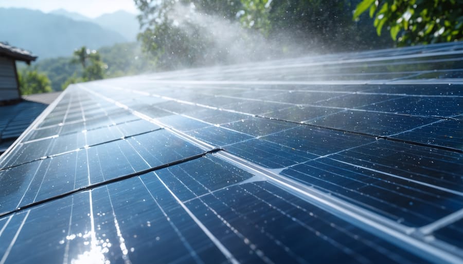 Water spray cooling system creating mist across solar panel surface on sunny day